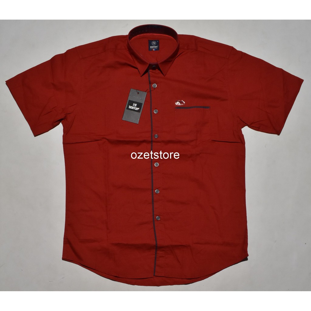 SCOTCH & CO Kemeja Pria Casual Lengan Pendek Merah Polos Modern Fit BZ09 ORIGINAL