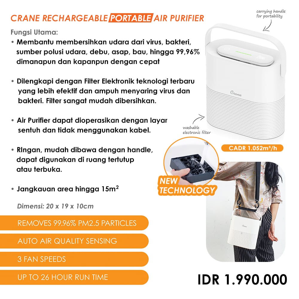 Crane Rechargeable Portable Air Purifier with Strap