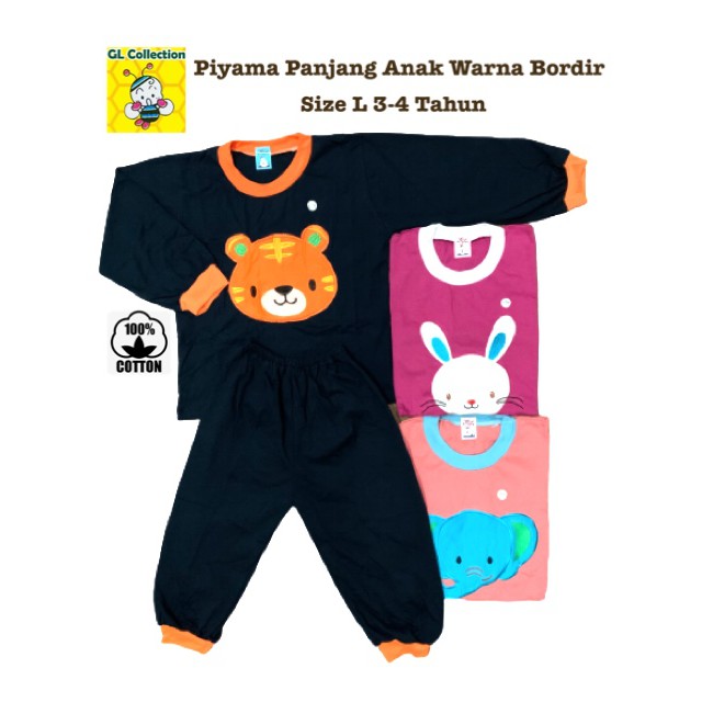 OBRAL! PIYAMA PANJANG ANAK BORDIR WARNA SIZE L 3-4 TAHUN