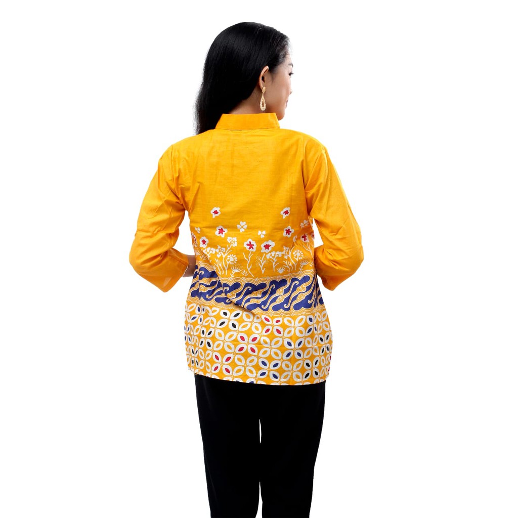 Batik Wanita Atasan Blouse Lengan Panjang Kancing Depan merah-kuning-biru-hitam