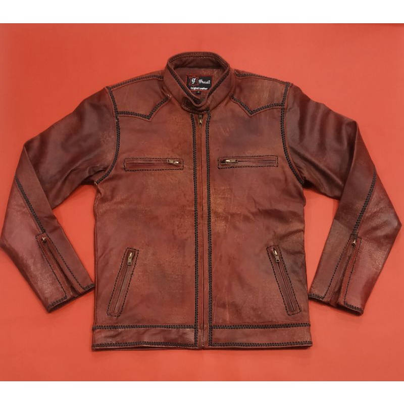 Jaket kulit pria kulit asli domba model bomber sulam