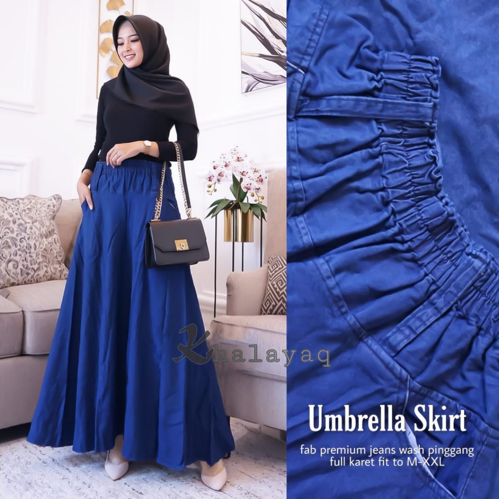 COD Etude Rok Jeans Payung panjang Size Big Jumbo Karet Melar/ ROK KLOK / FLARE SKIRT