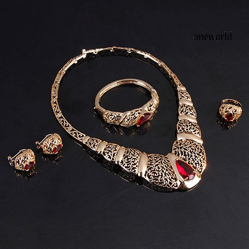 OW@ Luxury African Style Teardrop Rhinestone Hollow KC Gold Plated Lady Jewelry Set