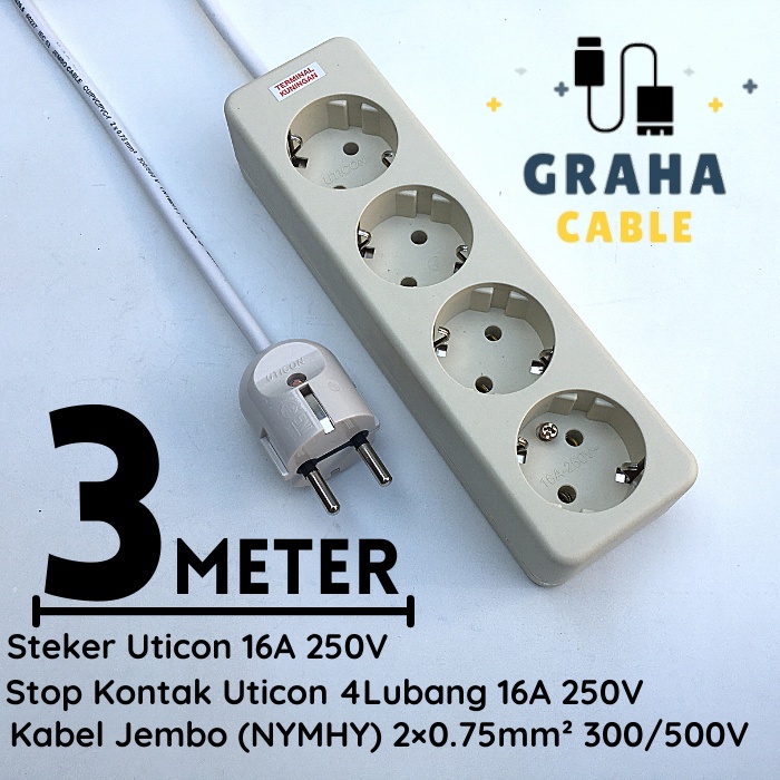 Kabel Sambungan Listrik Stop Kontak 4 Lubang 3 Meter UTICON