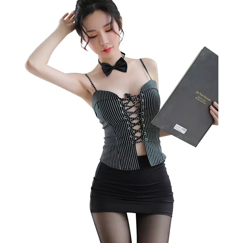 Lingerie Sexy teacher Cosplay Seragam Sekretaris Peran Stripe Skinny Set Rok A370-2