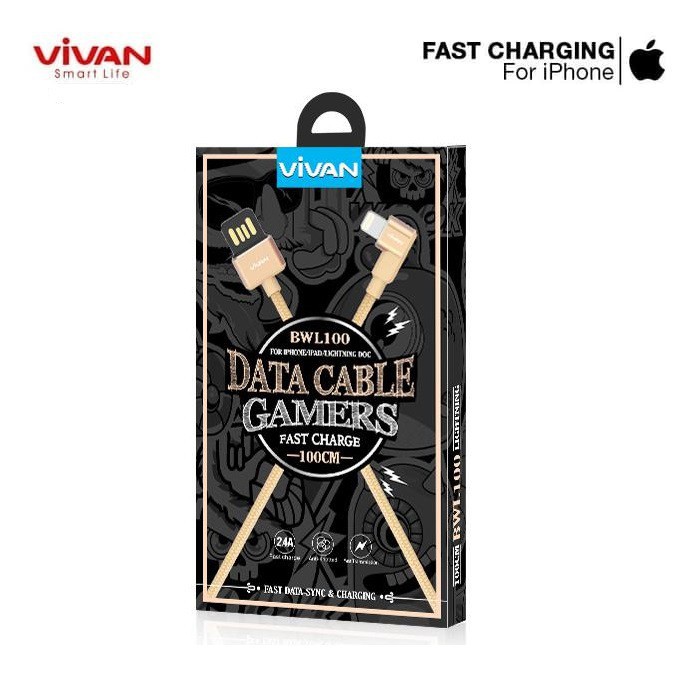 Kabel Data Vivan For Iphone BWL100  Lightning 2.4A 1M Cable Data Design Gold