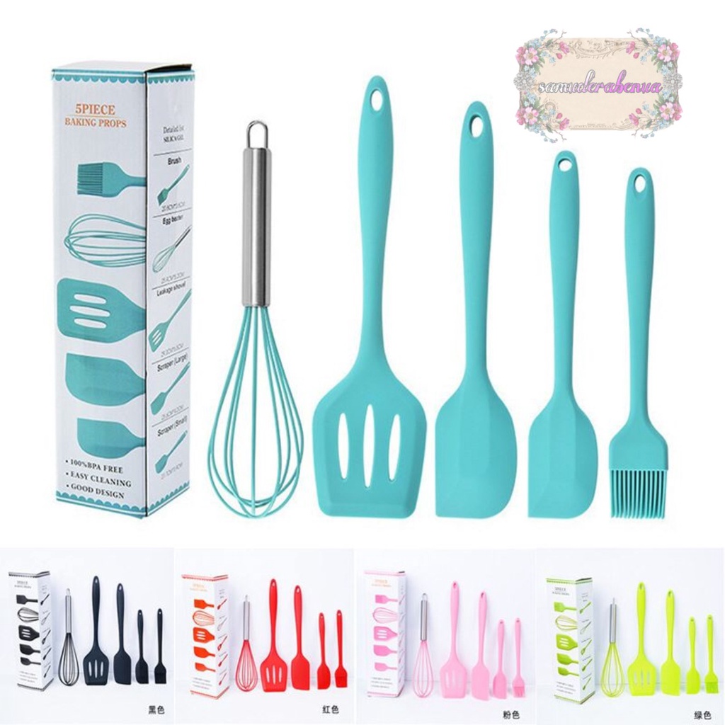 RT81 Alat Masak bahan silikon Silicone Utensil Spatula Cooking Baking Props Set 5pcs Peralatan Masak 5 in 1 Tahan Panas BPA Free SB3465