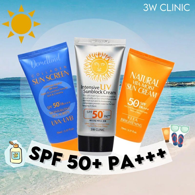 3W CLINIC Intensive UV Sunblock Colagen Natural Vita Sunscreen Cream Korea SPF50++ PA+++