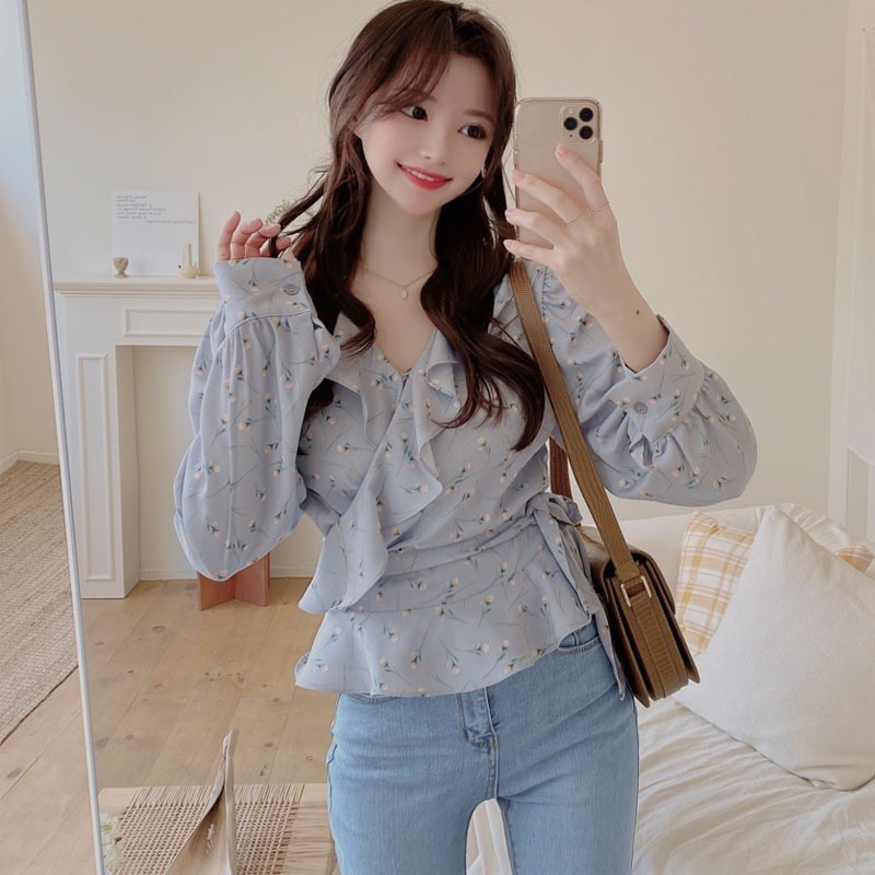 [CHARLOTTE]Blouse wanita atasan Korean Style lengan panjang pinggang ikat-2