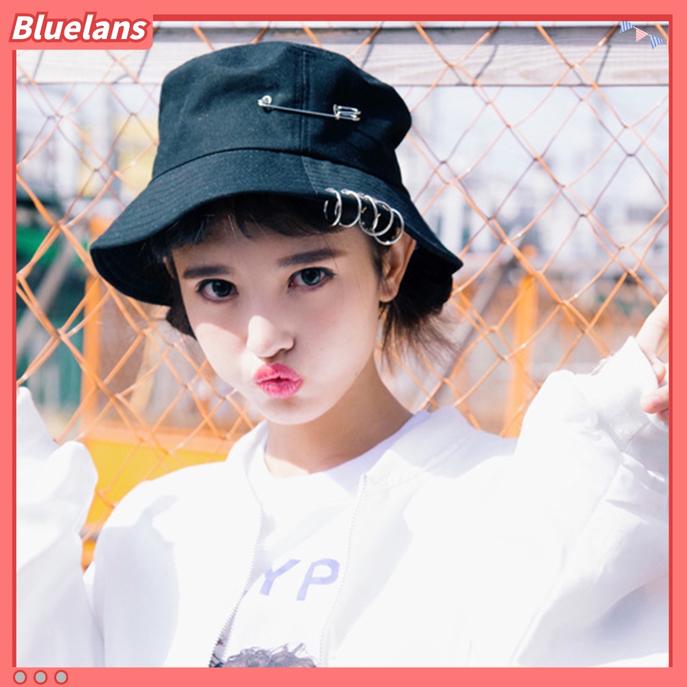 bluelans♘ Topi Bucket Fisherman Lipat Aksen Peniti+Cincin Besi untuk Outdoor