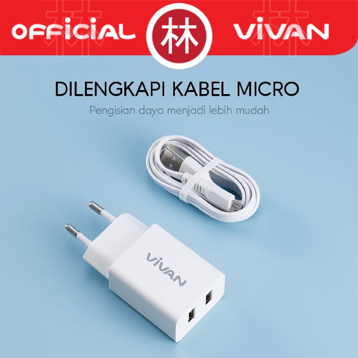 Vivan DD02 12W Dual Port USB Charger 2.4A With Data Cable Micro USB