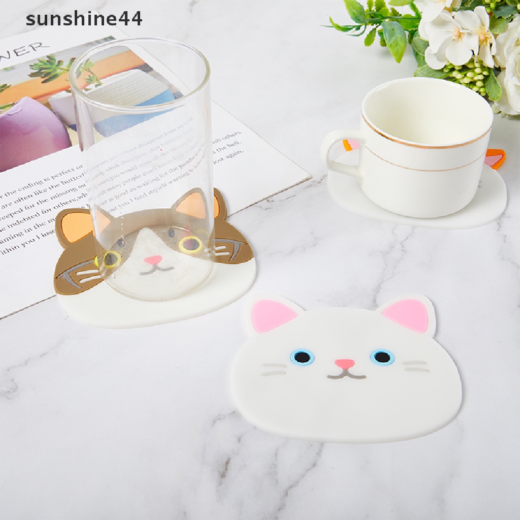 Sunshine Tatakan Gelas / Cangkir Teh / Kopi Bentuk Kucing Kartun Bahan Silikon Anti slip