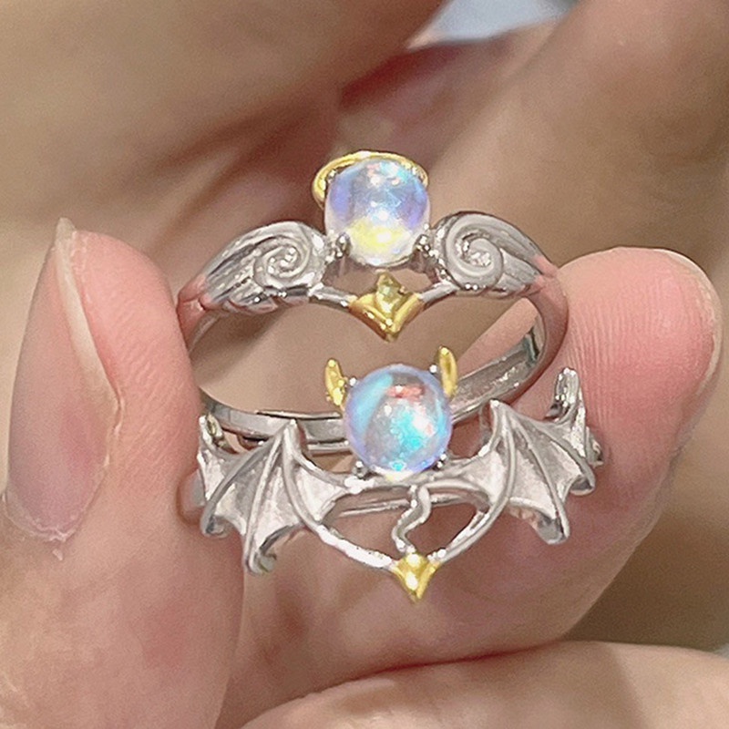 Cincin Lapis Silver S925 Desain Malaikat Iblis Kecil Aksen Batu Bulan Epoksi Dapat Disesuaikan Untuk Hadiah Anniversary