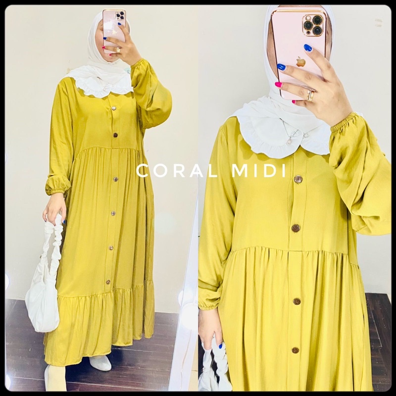 MIDI DRESS RAYON KERAH RENDA / Coral Midi Tunik Rufle Kancing Busui / HomeyDress