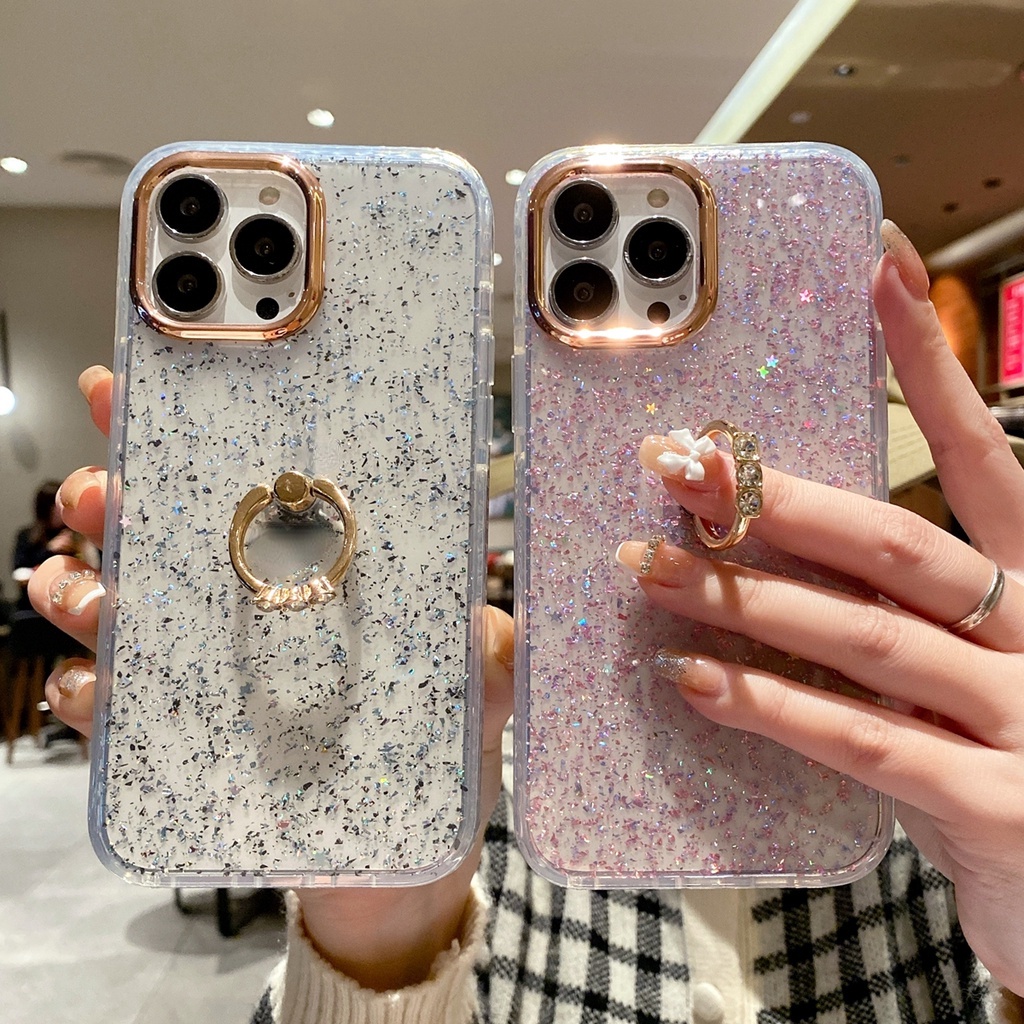 Case Epoxy Glitter Dengan Ring Holder Untuk iPhone 13 Pro Max 12 Pro Max 12 11Pro XS Max 13 11 XR X