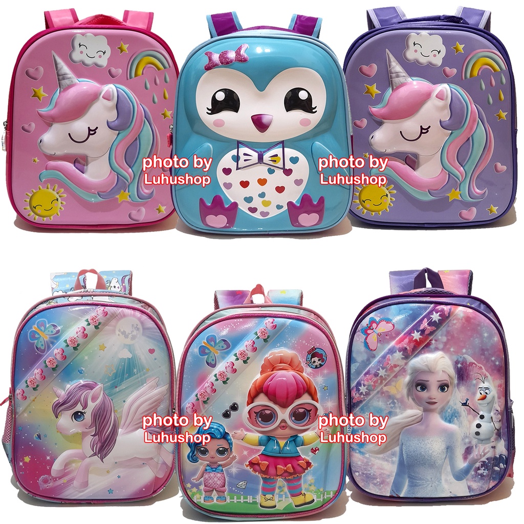 Tas Timbul Glossy SD TK Ransel Sekolah Cewe Tas Anak Perempuan  Unicorn LOL Frosen Owl Burung Hantu Ice Cream Boba