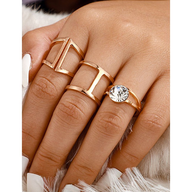 LRC Cincin Set Fashion Golden Rhinestone Geometric Openwork Wide Edge Alloy Ring Set K00650