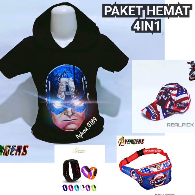 {BISA COD} PAKET KOMPLIT 4IN1 KAOS HOODIE LED TOPI BORDIR JAM DIGITAL DAN TAS WAISTBAG