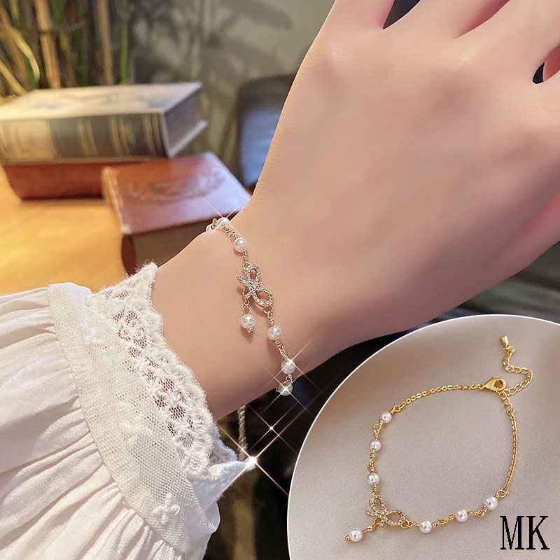 Gelang Korea Fashion Busur Mutiara Hias Berlian Imitasi Bangle Liar Aksesoris Fashion MK