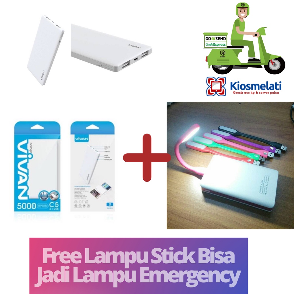Powerbank Vivan 5000mAh/Power bank Vivan/powerbank original powerbank mini Free Lampu Stick