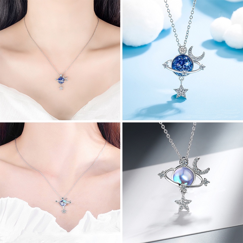 Kalung Rantai Klavikula 925 Silver Desain Bulan Bintang Planet Universe Aksen Zircon Untuk Wanita