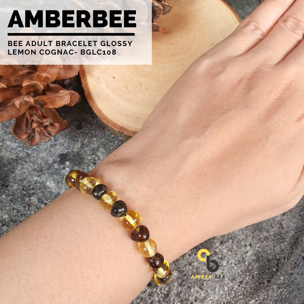 Gelang Amber Baltic Dewasa Premium Glossy Lemon Cognac Stretchy BGLC108 By Amber Bee