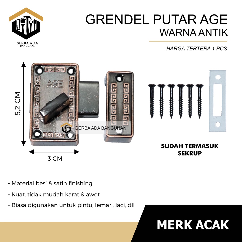 Grendel putar AGE ANTIK GOLD SILVER-Pengunci pintu selop kunci slop selot jendela model kuno