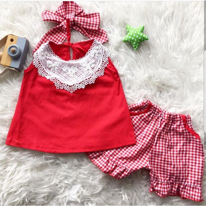 Baju setelan tanktop celana pita pergi jalan fashion anak bayi cewek perempuan cantik murah -ade