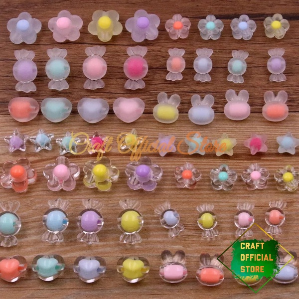 ( 50pcs ) Manik Manik Frosted Mote Ice Bintang Bunga Love Manik Candy Lucu Import