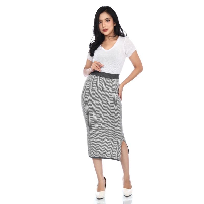 (RJ280) Rok knit midi skirt slit motif