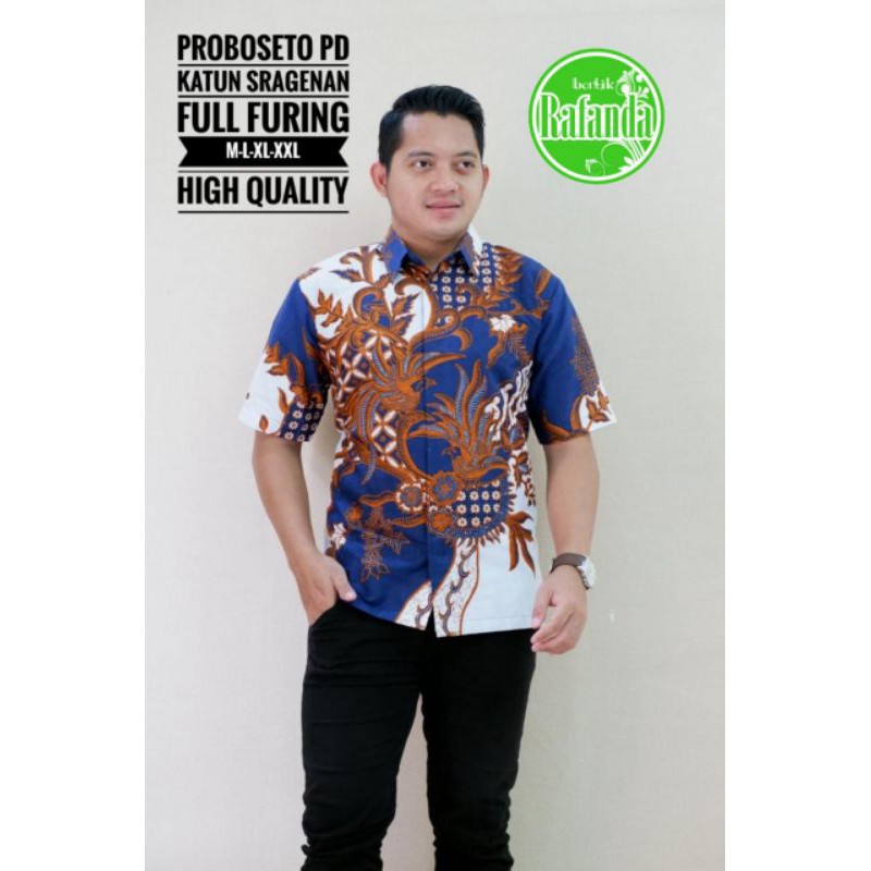 Kemeja Batik Lengan Pendek Terbaru Batik Pendek Pria Warna Biru Putih Batik Pendek Furing PROBOSETO