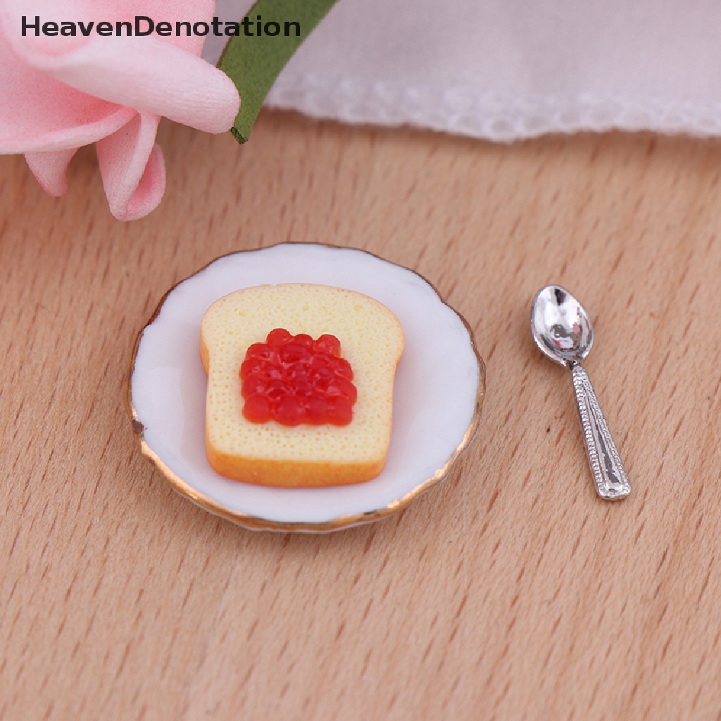 (Heavendenotation) 3pcs / Set Miniatur Piring + Sendok Roti Panggang Skala 1: 12 Untuk Aksesoris Rumah Boneka