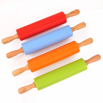 ROLLING PIN SILICONE DENGAN PEGANGAN KAYU/ PENGGILING ADONAN SERBAGUNA / ROLLING PIN UNTUK ADONAN