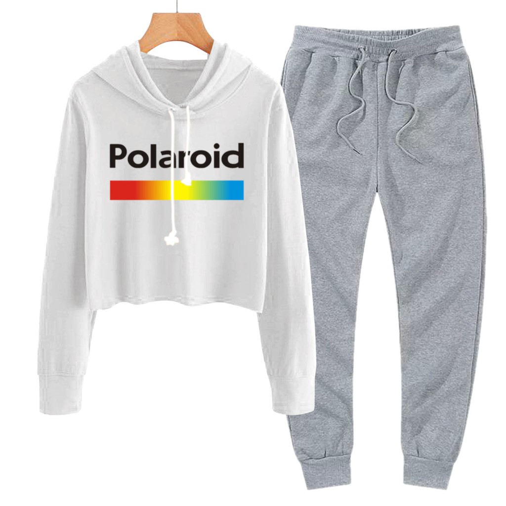 BESS - Baju Setelan Wanita Murah / Setelan Hoodie Crop + Jogger Abu - POLAROID