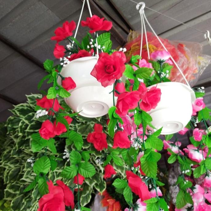 Bunga Plastik Tanaman Hias Sintetis Plus pot Gantung
