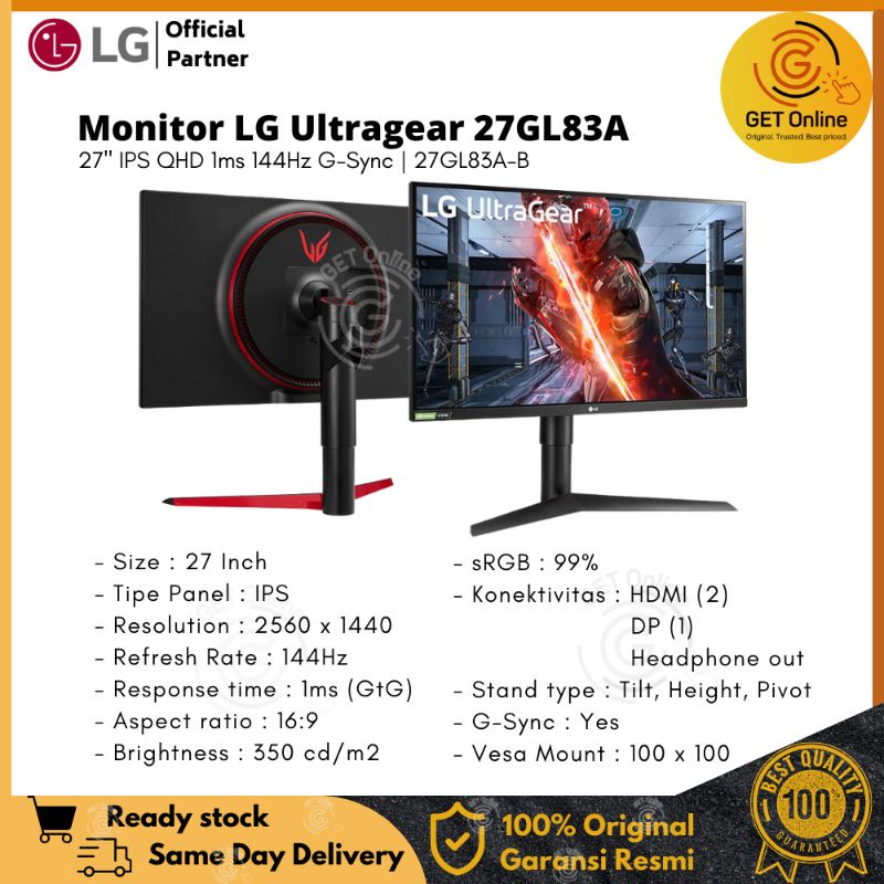 Monitor Gaming LG 27GL83A-B 27" QHD IPS UltraGear® dengan Waktu Respons 1ms