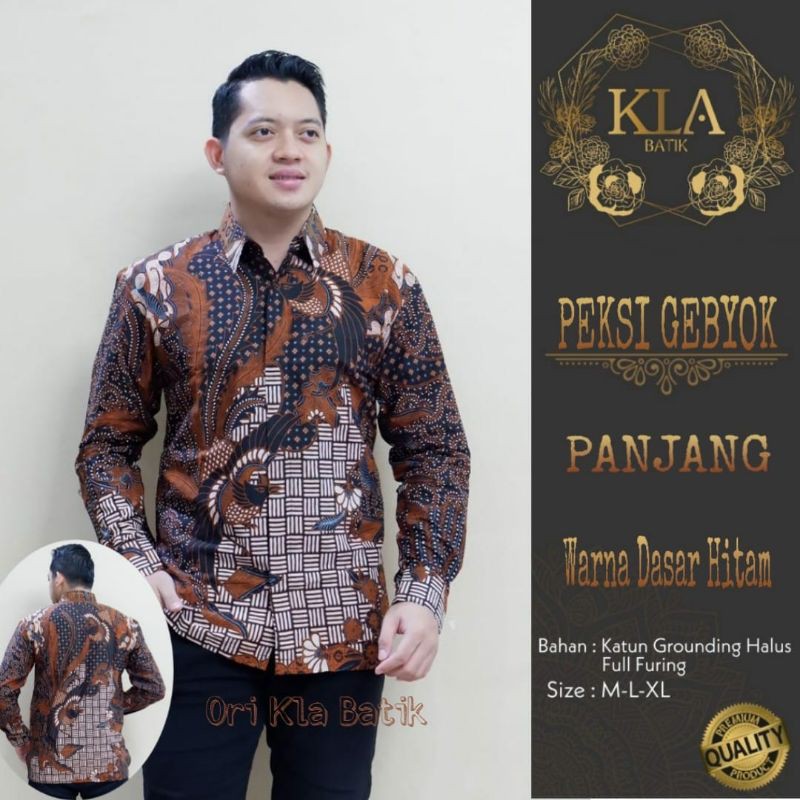 Kemeja Batik Eksklusif Lengan Panjang Batik Pria Lapis Furing Warna Coklat Hitam GEBYOK COKLAT