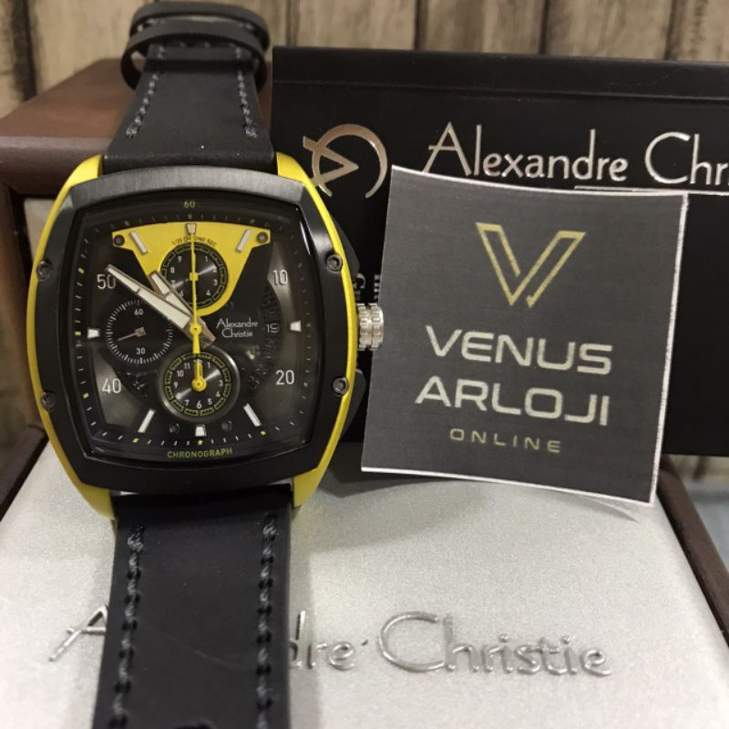 Jam Alexandre Christie AC 6610 MC LIP Pria Kulit Hitam Kuning Segi