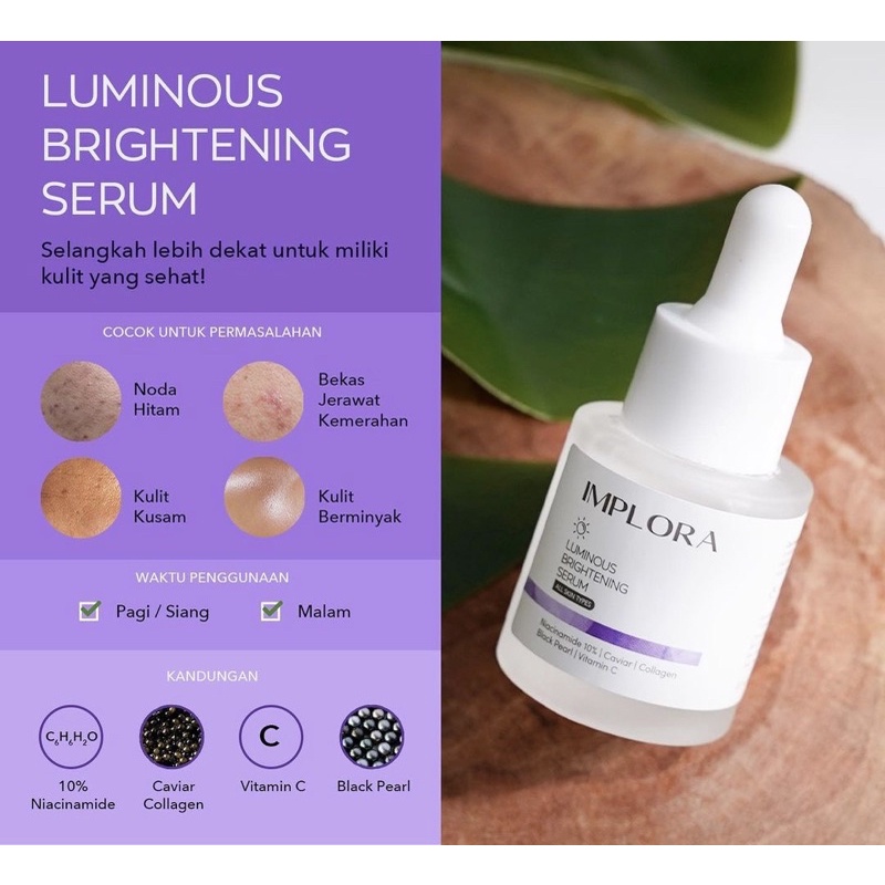 IMPLORA Face Serum Indonesia / Luminous Brightening Acne Midnight Peeling Hydrating 24K Gold Bakuchiol 1% Liporetinol Retinol / Facial Wash Essence Toner Day Night Eye Cream Sunscreen Mask Masker Lipstick Cheek Lip Tint Cream Kutek Nail Polish Paket Set