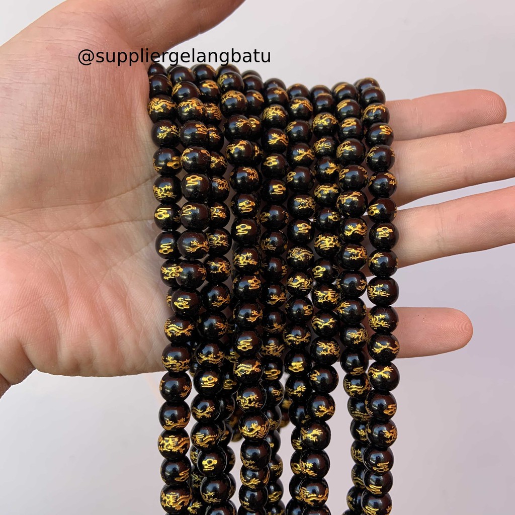 renceng batu hitam naga bead black gold 8mm kalung gelang dragon bead