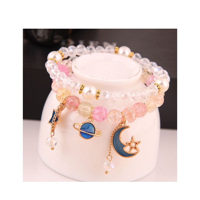 LRC Gelang Tangan Fashion Gold Popcorn Crystal Glass Beads Double Bracelet A58733