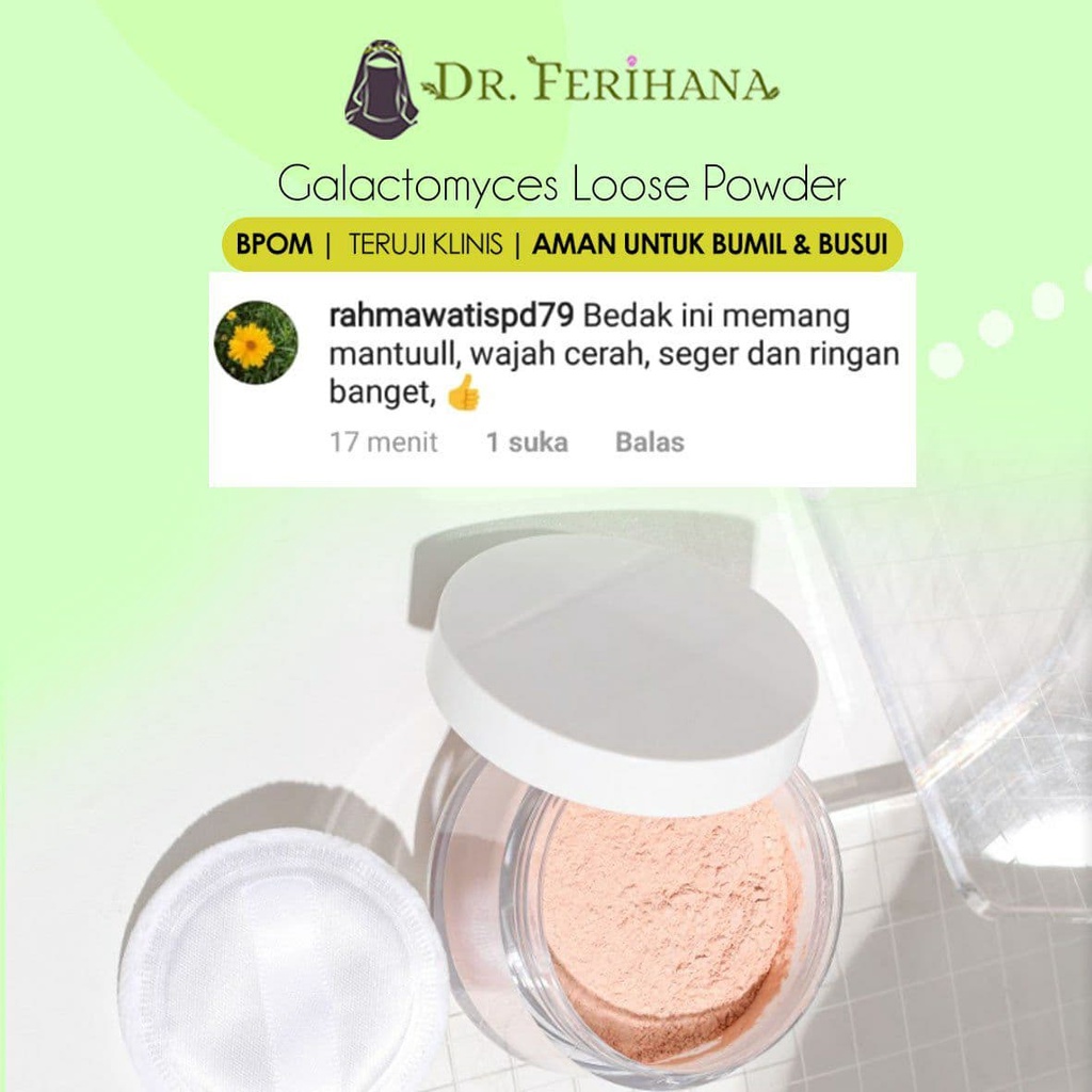 Premium Whitening Loose Powder Translucent dr. Ferihana Cosmetics &amp; Skincare Bedak Tabur dengan Teksture Lembut tidak Menutup Pori Pori cocok untuk kulit Normal Kering Berminyak Berjerawat Sensitif