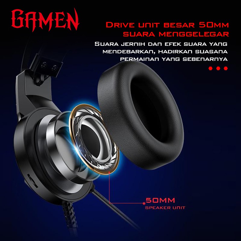 GAMEN GH1500 3.5mm Audio Jack Input RGB LED Light Braided Wire Gaming Headset Black-Garansi