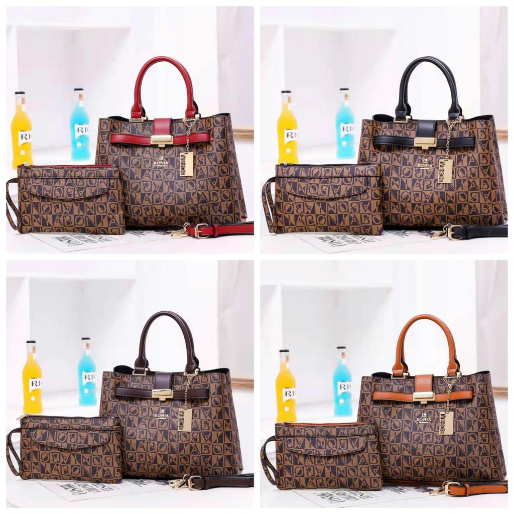 TAS BONIA Aminity Handbags Monogram Design Like Original Leather Hardware Black (8262)