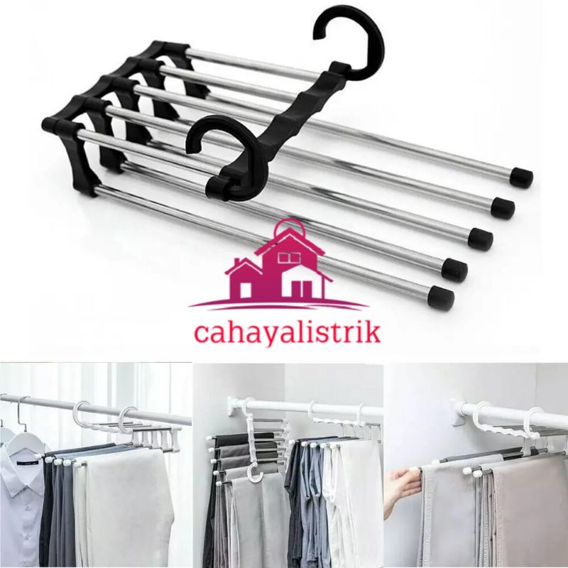 Hanger Stainless 5 in 1 Trousers Gantungan Baju Celana Jilbab Syal Pakaian 5in1 Stenlis