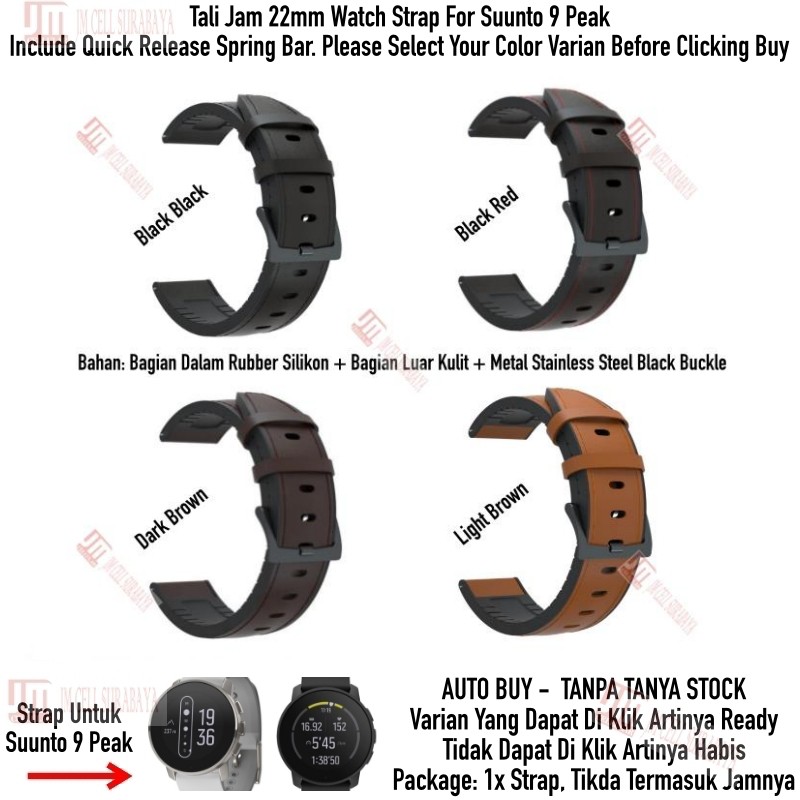 Tali Jam 22mm Watch Strap Suunto 9 Peak / Pro - Hybrid Rubber Kulit Black Buckle