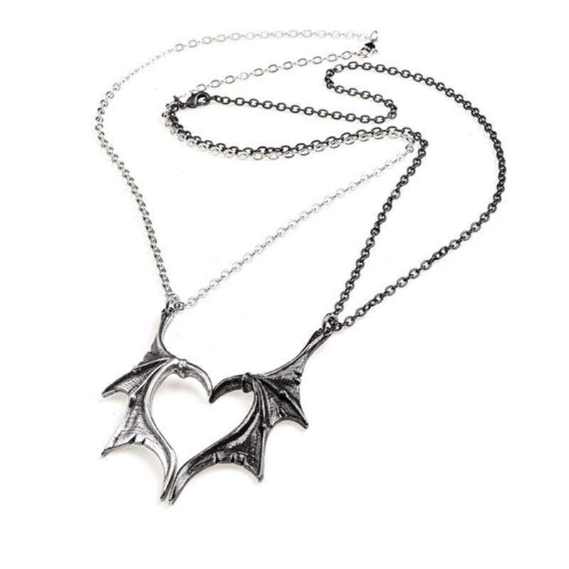 SIY  2Pcs Personality Punk Heart Wing Necklace Lovers Vinatge Bat Wing Heart Couples Pendant Necklace Set Fashion Jewerly