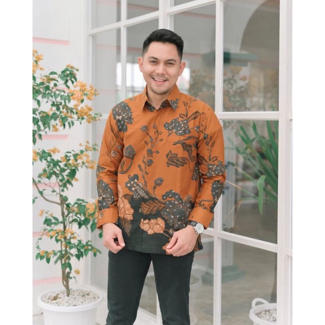 BAJU BATIK PRIA LAPIS FURING LENGAN PANJANG KEMBANG OREN