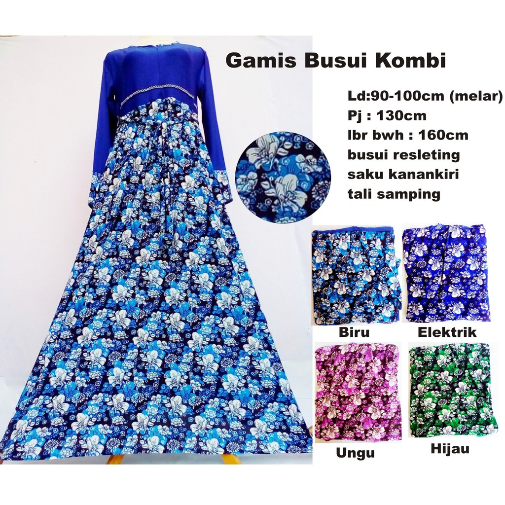 gamis maxi busui kombinasi resleting jersey motif bunga murah realpic