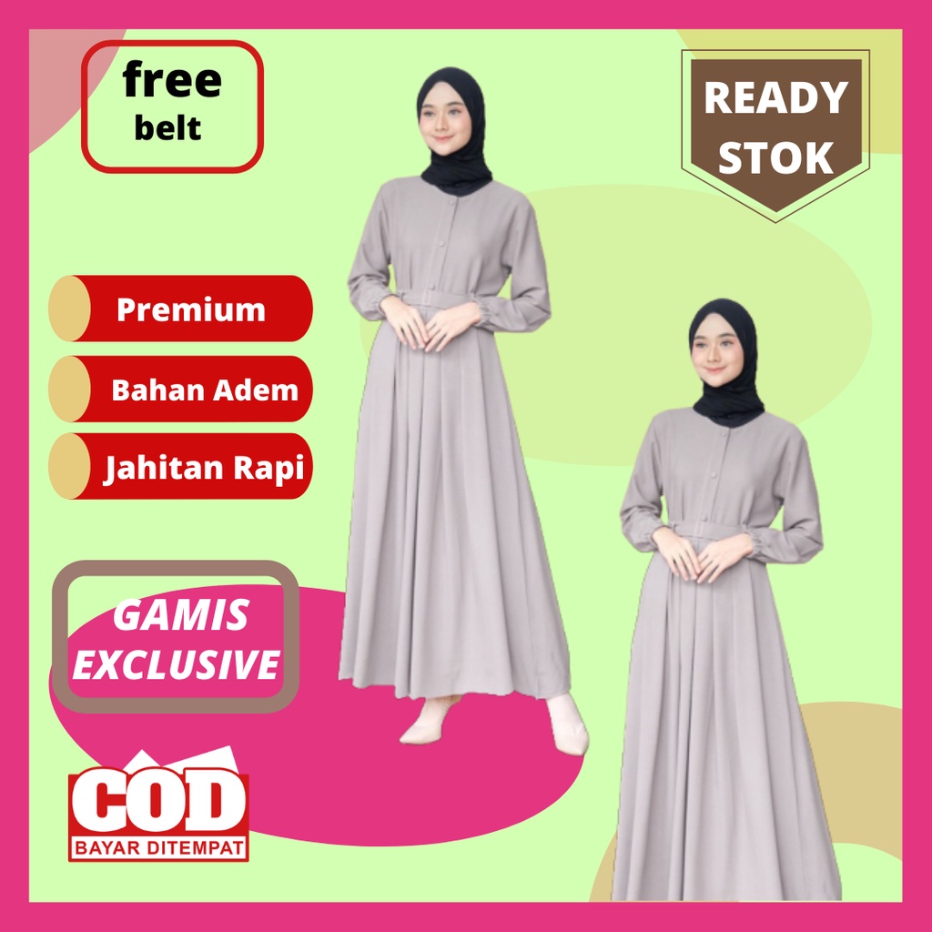 baju gamis abaya long dress terbaru modern remaja sarah maxy kekinian polos warna abu-abu baju gamis